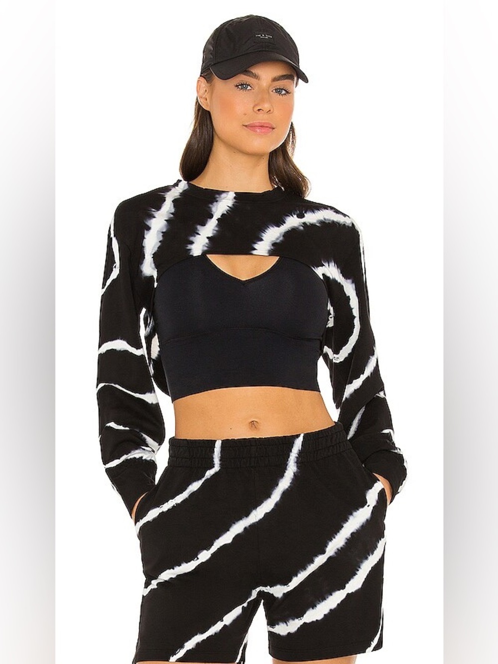 Revolve Year of Ours Black & White Tie-Dye Crop Pullover Shrug and Shorts